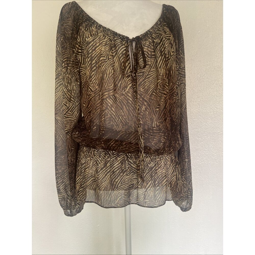 Michael Kors Womens Blouse sz M Brown‎ Animal Print Long Sleeve Sheer